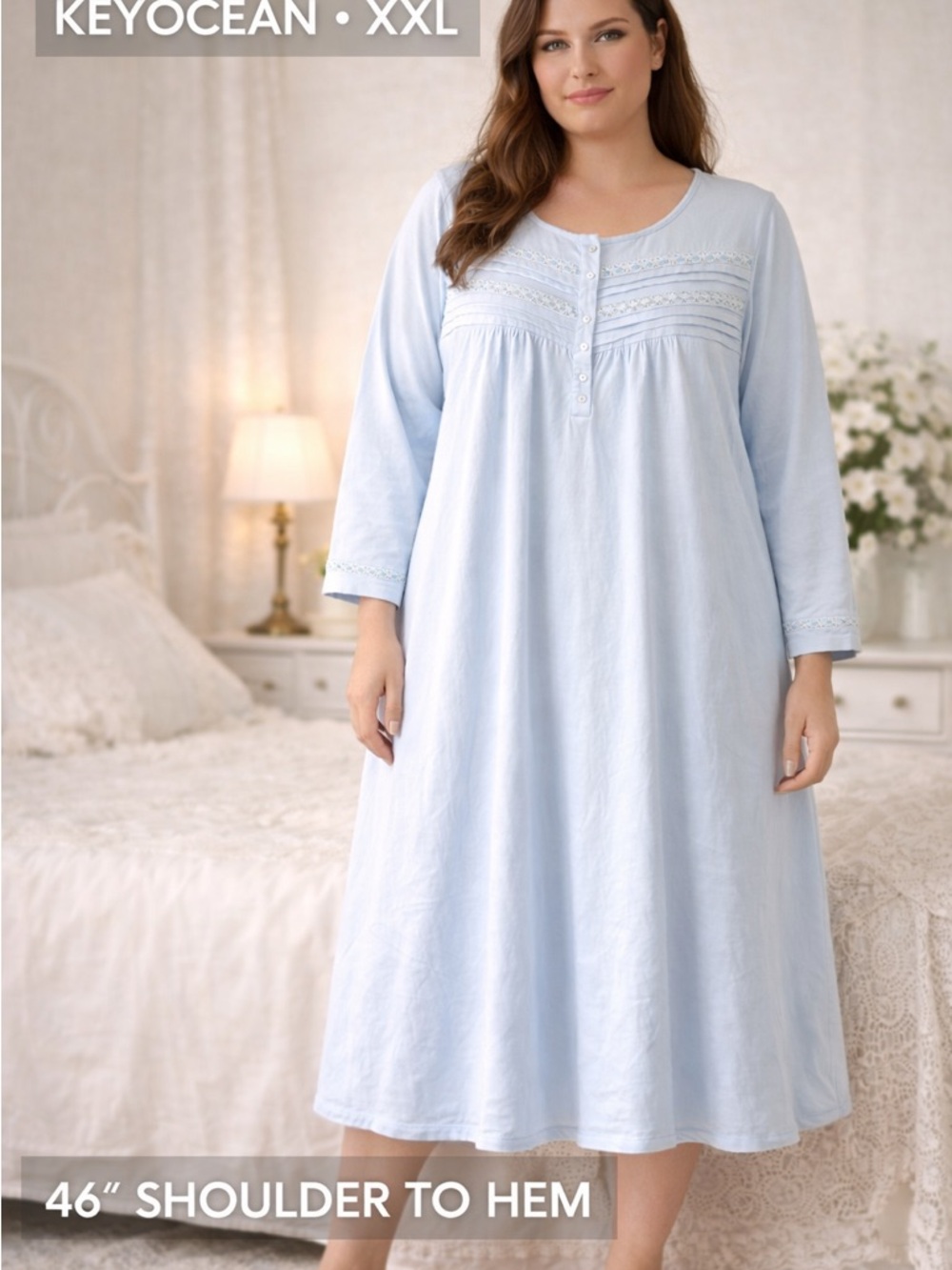 Keyocean Blue Cotton Nightgown XXL Lace Pintuck Long Sleeve Cottagecore